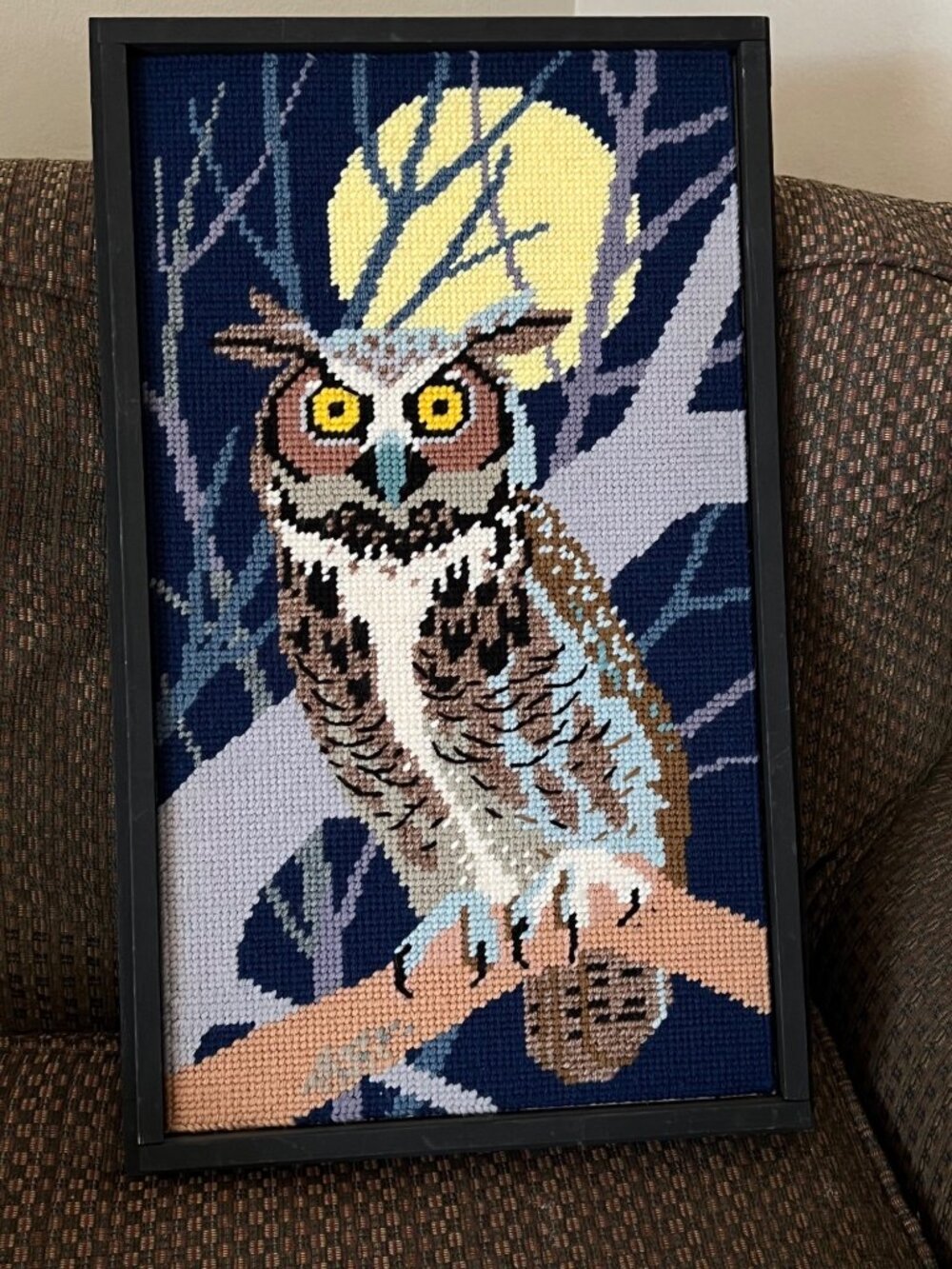 Framed Owl Needlepoint Art Wall Hanging Full Moon & Woodland Scene Handmade VTG